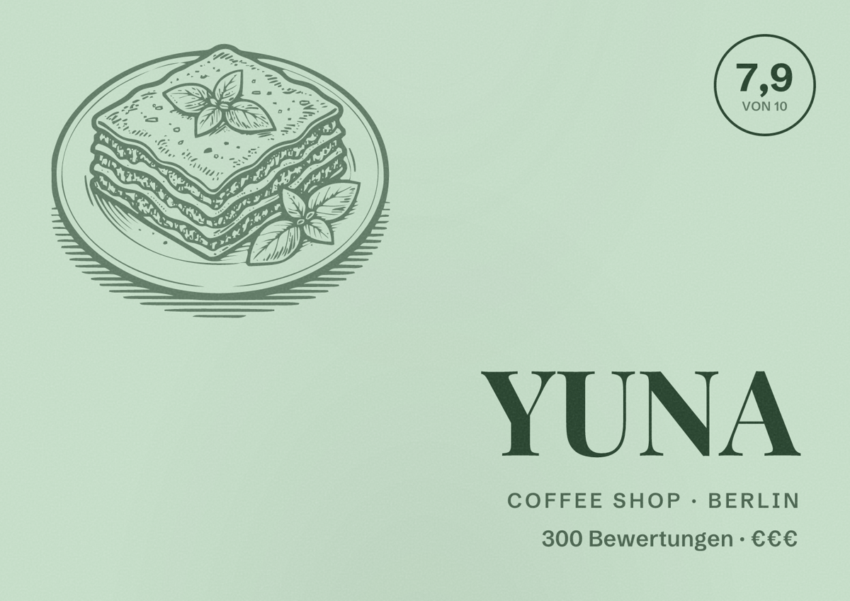 Illustriertes Poster von YUNA, Coffee Shop in Berlin: Bewertung 7,9 von 10 aus 300 Bewertungen, Preisniveau €€€