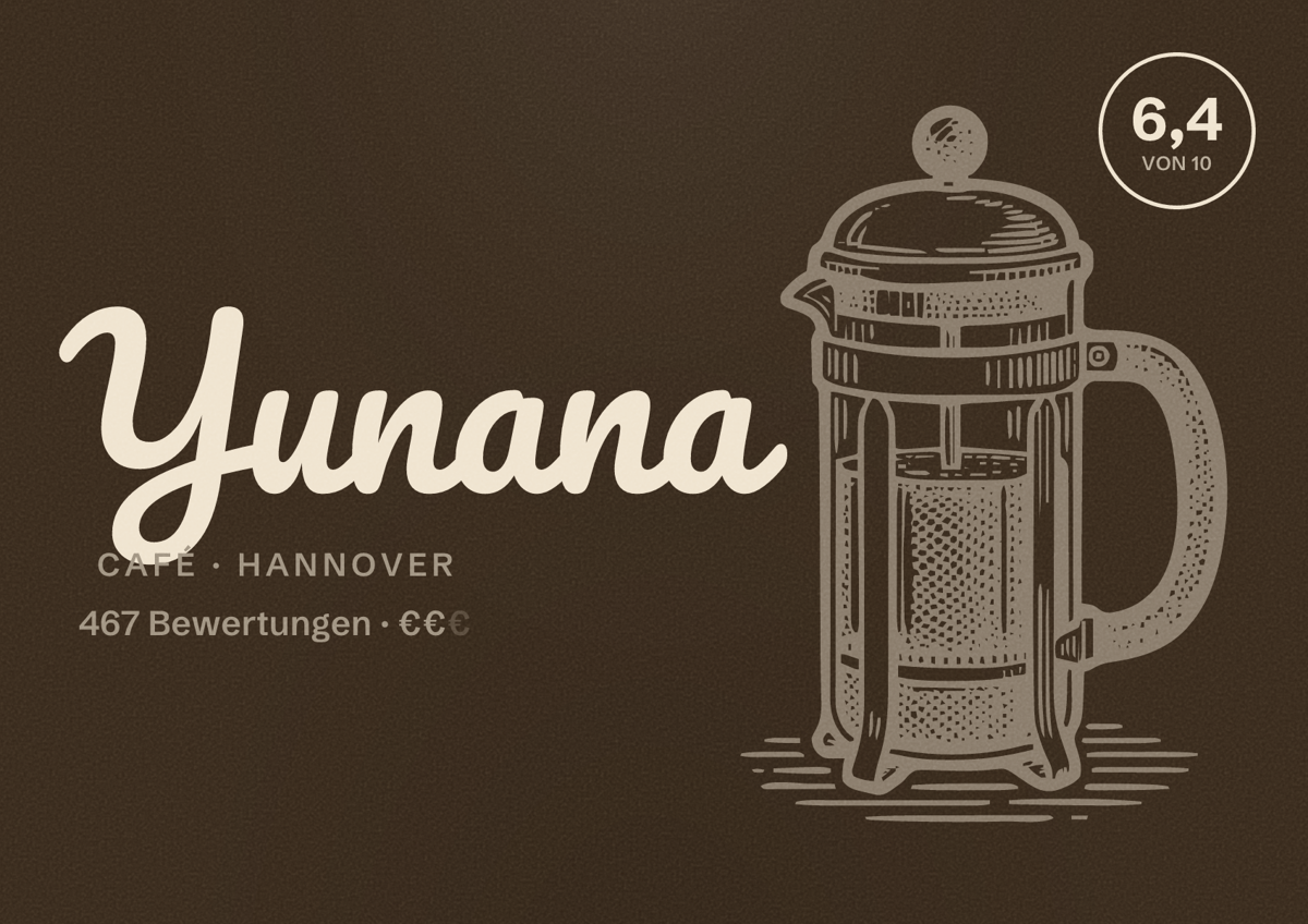 Illustriertes Poster von Yunana, Café in Hannover: Gästebewertung 6,4 von 10 aus 467 Bewertungen