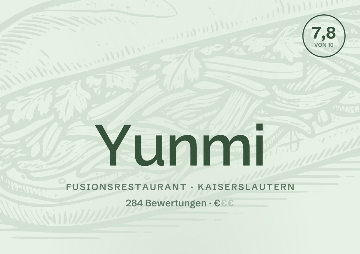 Illustriertes Poster von Yunmi, Fusionsrestaurant in Kaiserslautern: Bewertung 7,8 von 10 aus 284 Bewertungen, Preisniveau €