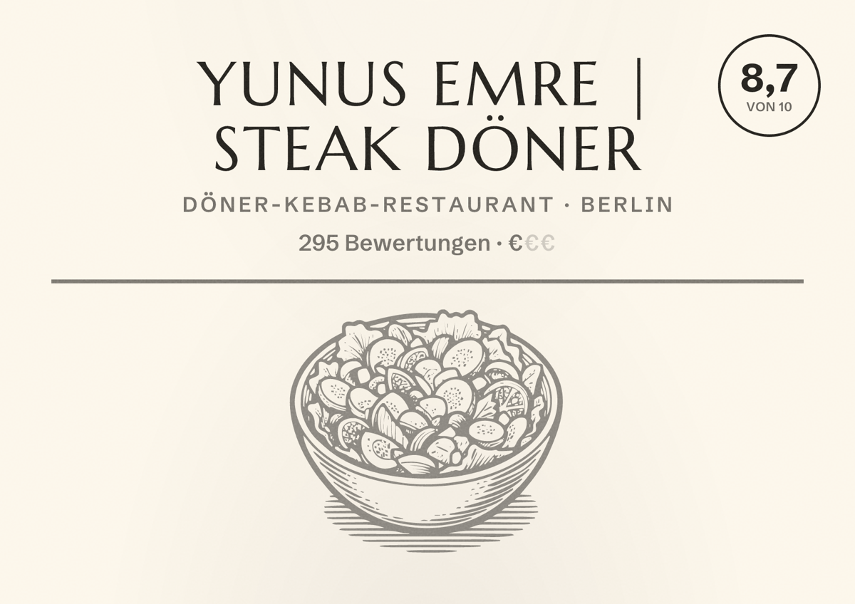Illustriertes Poster von Yunus Emre | Steak Döner, Döner-Kebab-Restaurant in Berlin: Bewertung 8,7 von 10 aus 295 Bewertungen, Preisniveau €