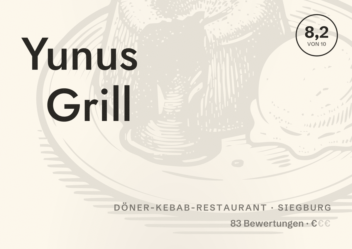 Illustriertes Poster von Yunus Grill, Döner-Kebab-Restaurant in Siegburg: Bewertung 8,2 von 10 aus 83 Bewertungen, Preisniveau €