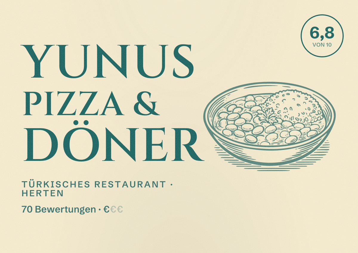 Illustriertes Poster von Yunus Pizza & Döner, Türkisches Restaurant in Herten: Bewertung 6,8 von 10 aus 70 Bewertungen, Preisniveau €