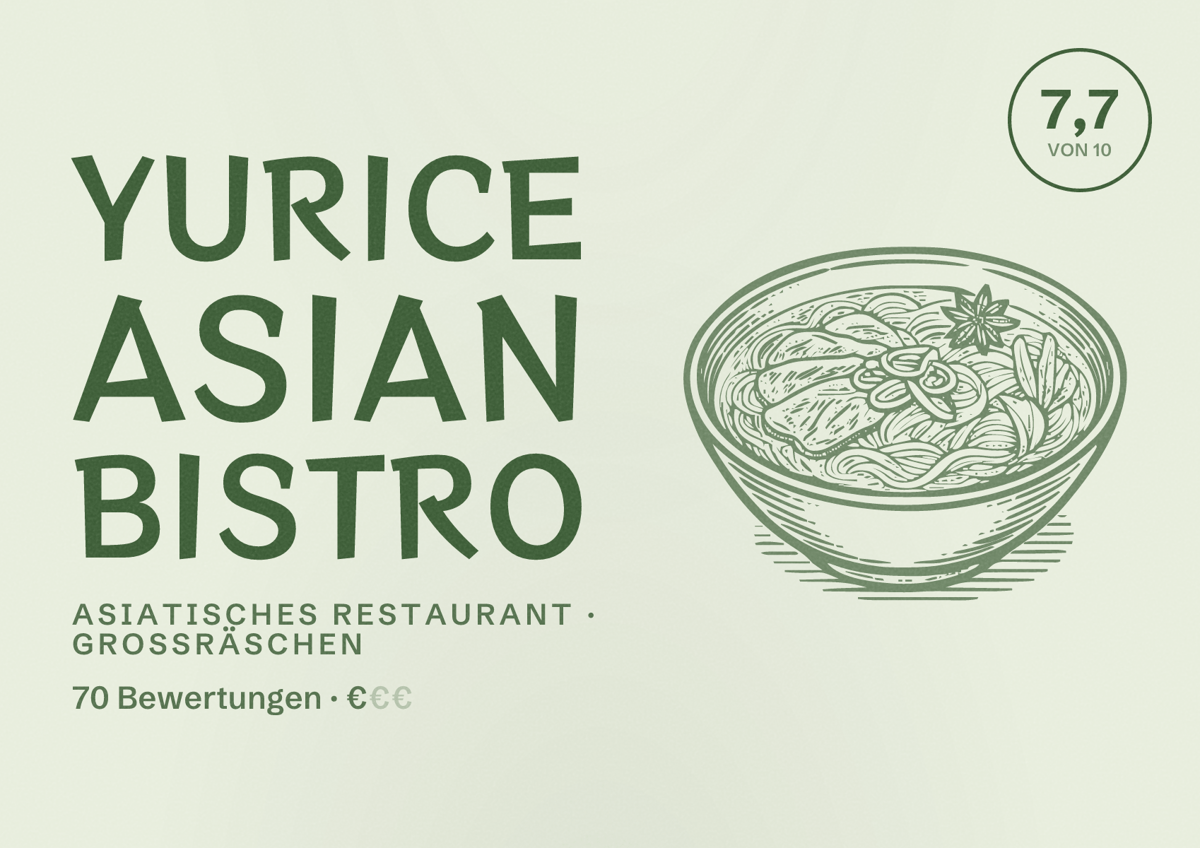 Illustriertes Poster von YURICE Asian Bistro, Asiatisches Restaurant in Großräschen: Bewertung 7,7 von 10 aus 70 Bewertungen, Preisniveau €