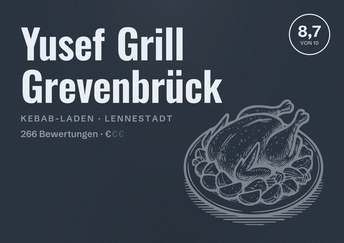 Illustriertes Poster von Yusef Grill Grevenbrück, Kebab-Laden in Lennestadt: Bewertung 8,7 von 10 aus 266 Bewertungen, Preisniveau €