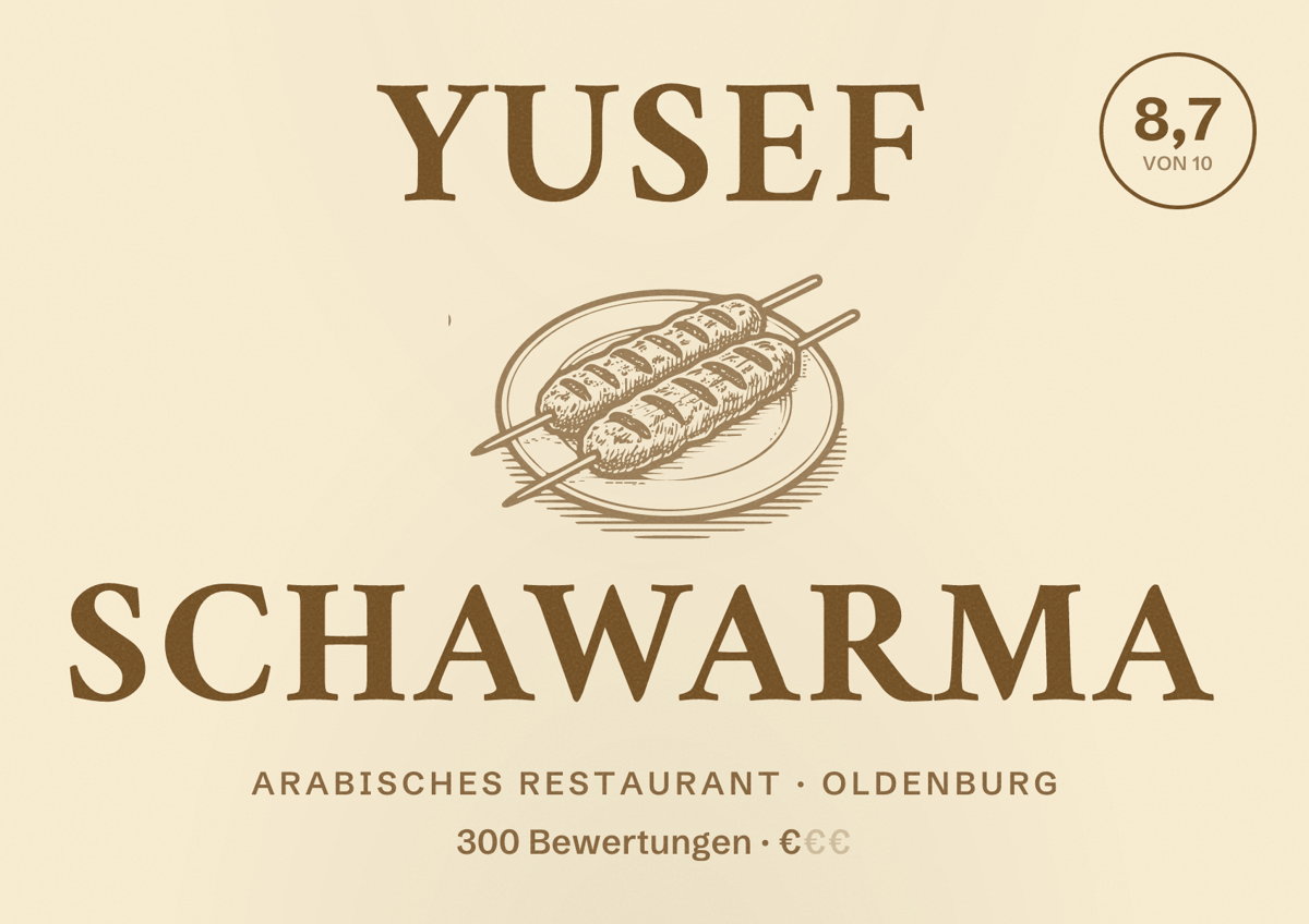 Illustriertes Poster von Yusef schawarma, Arabisches Restaurant in Oldenburg: Bewertung 8,7 von 10 aus 300 Bewertungen, Preisniveau €