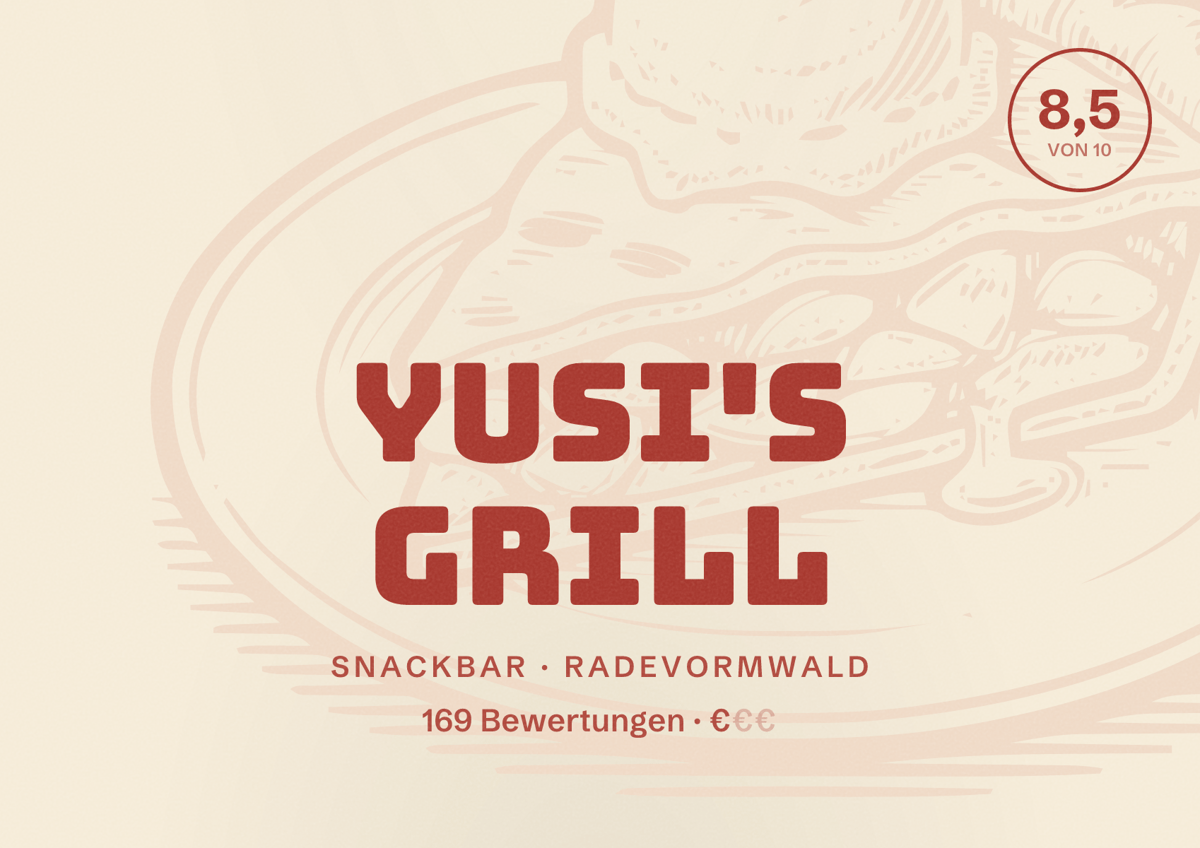 Illustriertes Poster von Yusi's Grill, Snackbar in Radevormwald: Bewertung 8,5 von 10 aus 169 Bewertungen, Preisniveau €