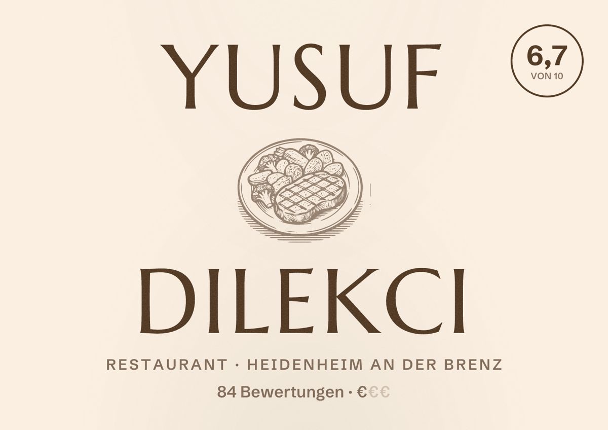 Illustriertes Poster von Yusuf Dilekci, Restaurant in Heidenheim an der Brenz: Bewertung 6,7 von 10 aus 84 Bewertungen, Preisniveau €