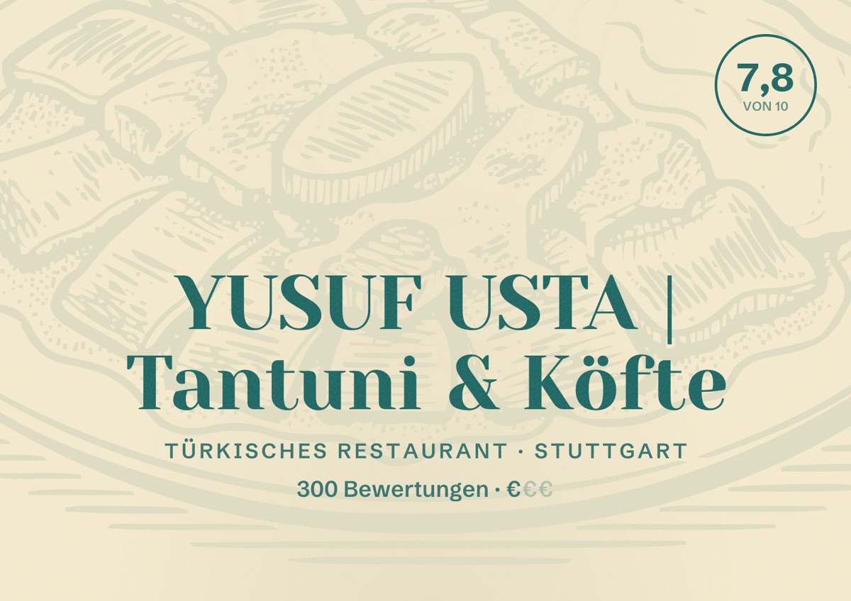 Illustriertes Poster von YUSUF USTA | Tantuni & Köfte, Türkisches Restaurant in Stuttgart: Bewertung 7,8 von 10 aus 300 Bewertungen, Preisniveau €