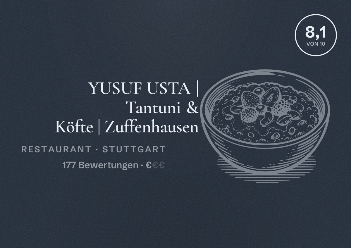 Illustriertes Poster von YUSUF USTA | Tantuni & Köfte | Zuffenhausen, Restaurant in Stuttgart: Bewertung 8,1 von 10 aus 177 Bewertungen, Preisniveau €