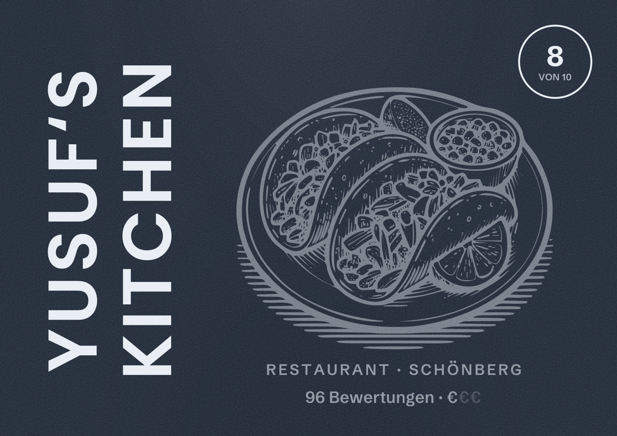Illustriertes Poster von Yusuf‘s Kitchen, Restaurant in Schönberg: Bewertung 8 von 10 aus 96 Bewertungen, Preisniveau €
