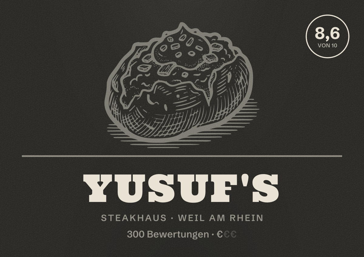 Illustriertes Poster von Yusuf's, Steakhaus in Weil am Rhein: Bewertung 8,6 von 10 aus 300 Bewertungen, Preisniveau €