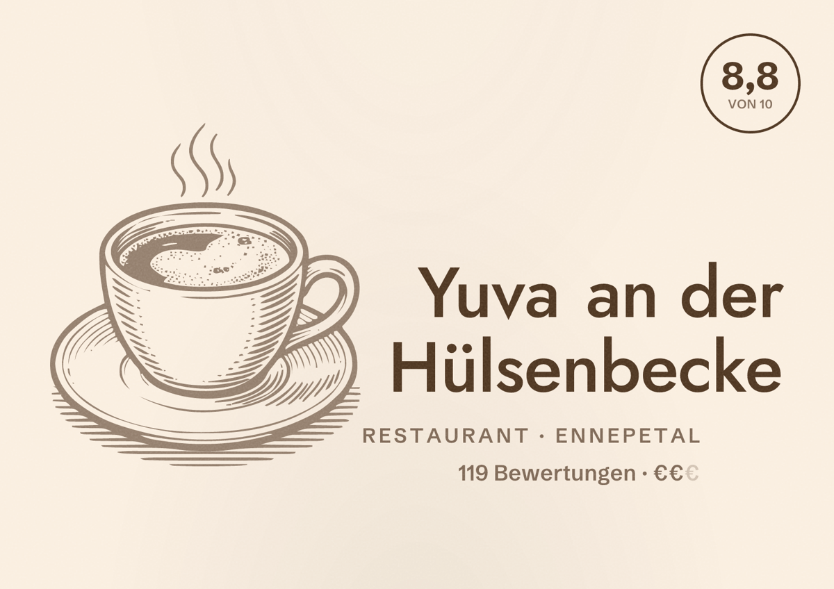 Illustriertes Poster von Yuva an der Hülsenbecke, Restaurant in Ennepetal: Bewertung 8,8 von 10 aus 119 Bewertungen, Preisniveau €€