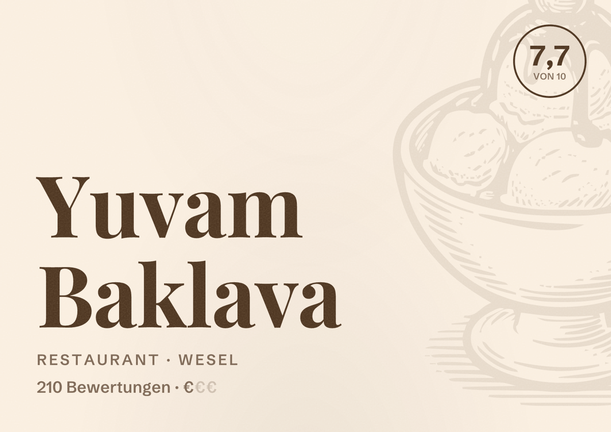 Illustriertes Poster von Yuvam Baklava, Restaurant in Wesel: Bewertung 7,7 von 10 aus 210 Bewertungen, Preisniveau €