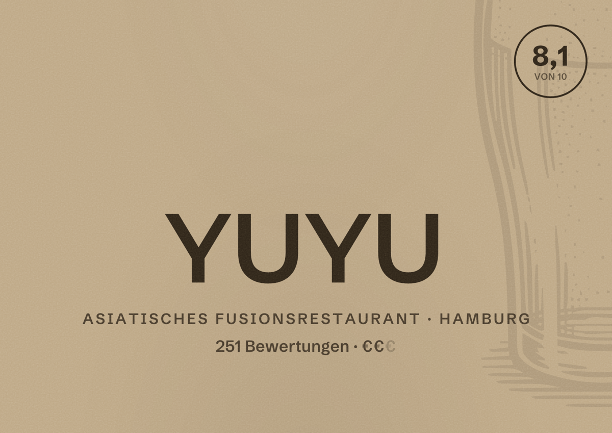 Illustriertes Poster von YUYU, Asiatisches Fusionsrestaurant in Hamburg: Bewertung 8,1 von 10 aus 251 Bewertungen, Preisniveau €€
