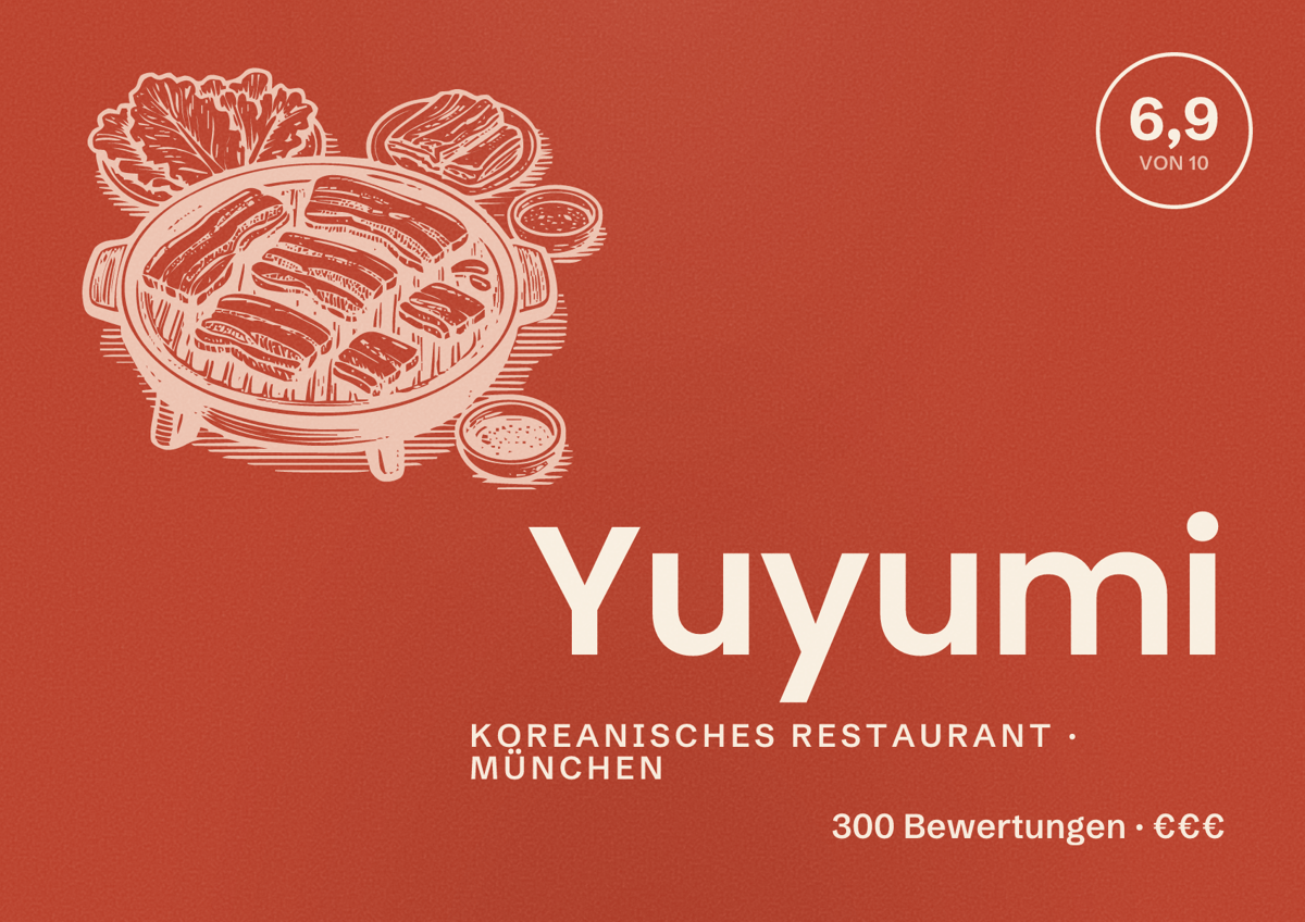 Illustriertes Poster von Yuyumi, Koreanisches Restaurant in München: Bewertung 6,9 von 10 aus 300 Bewertungen, Preisniveau €€€