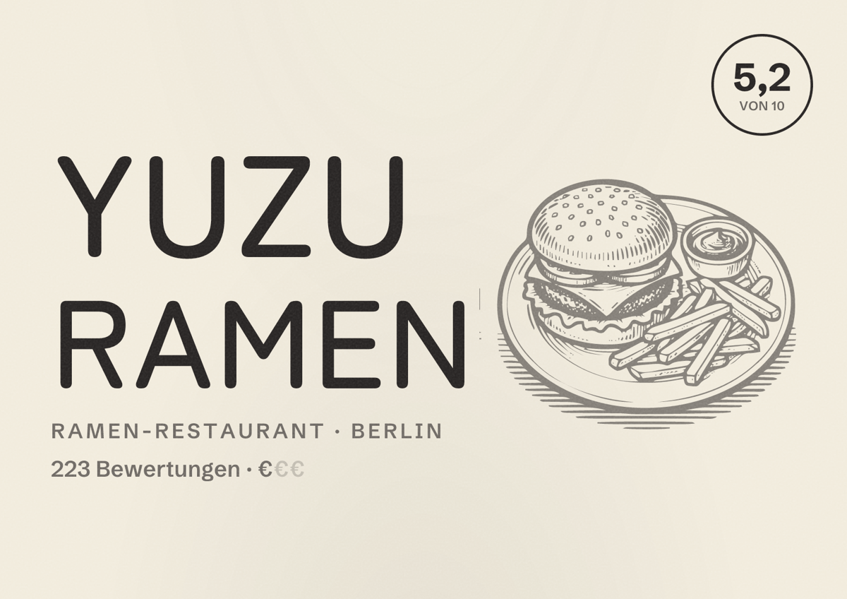 Illustriertes Poster von Yuzu Ramen, Ramen-Restaurant in Berlin: Bewertung 5,2 von 10 aus 223 Bewertungen, Preisniveau €