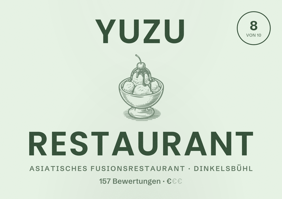 Illustriertes Poster von Yuzu Restaurant, Asiatisches Fusionsrestaurant in Dinkelsbühl: Bewertung 8 von 10 aus 157 Bewertungen, Preisniveau €