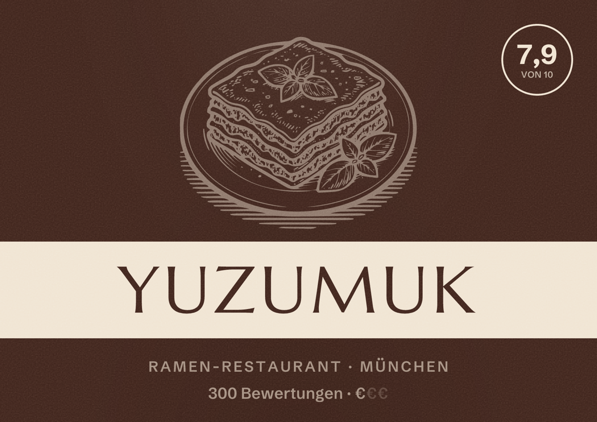 Illustriertes Poster von Yuzumuk, Ramen-Restaurant in München: Bewertung 7,9 von 10 aus 300 Bewertungen, Preisniveau €