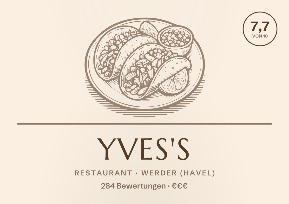 Illustriertes Poster von yves's, Restaurant in Werder (Havel): Bewertung 7,7 von 10 aus 284 Bewertungen, Preisniveau €€€
