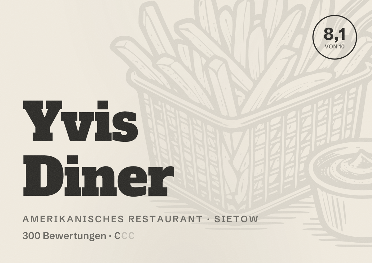 Illustriertes Poster von Yvis Diner, Amerikanisches Restaurant in Sietow: Bewertung 8,1 von 10 aus 300 Bewertungen, Preisniveau €