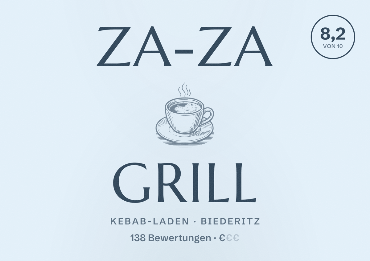 Illustriertes Poster von Za-Za Grill, Kebab-Laden in Biederitz: Bewertung 8,2 von 10 aus 138 Bewertungen, Preisniveau €