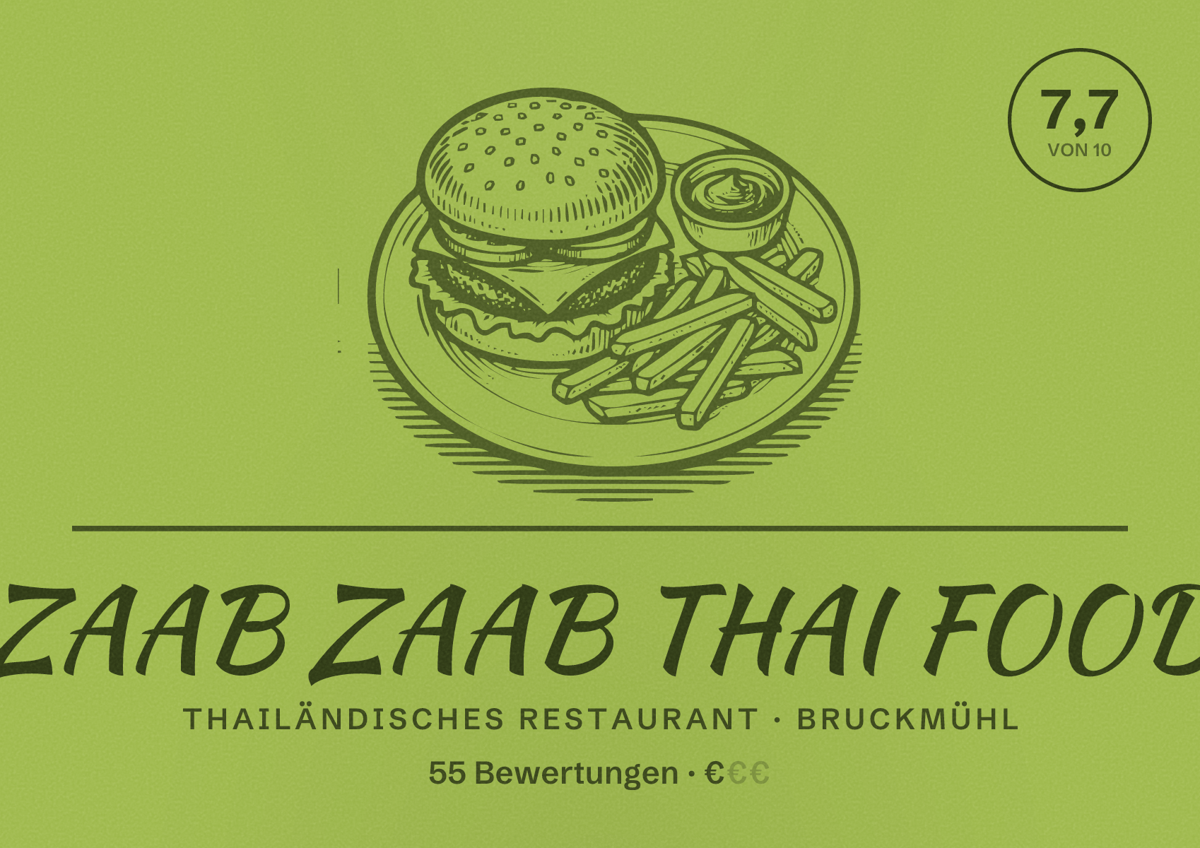 Illustriertes Poster von ZAAB ZAAB THAI FOOD, Thailändisches Restaurant in Bruckmühl: Bewertung 7,7 von 10 aus 55 Bewertungen, Preisniveau €