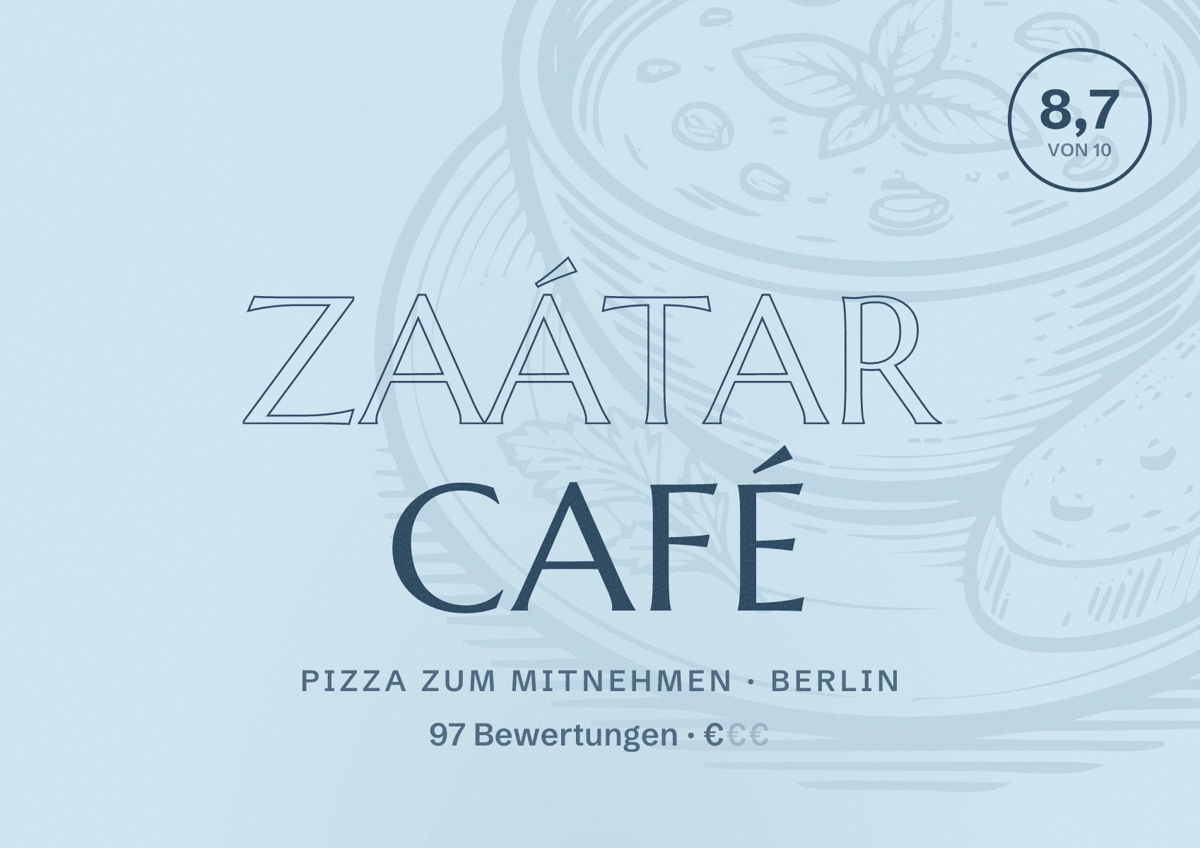 Illustriertes Poster von Zaátar Café, Pizza zum Mitnehmen in Berlin: Bewertung 8,7 von 10 aus 97 Bewertungen, Preisniveau €