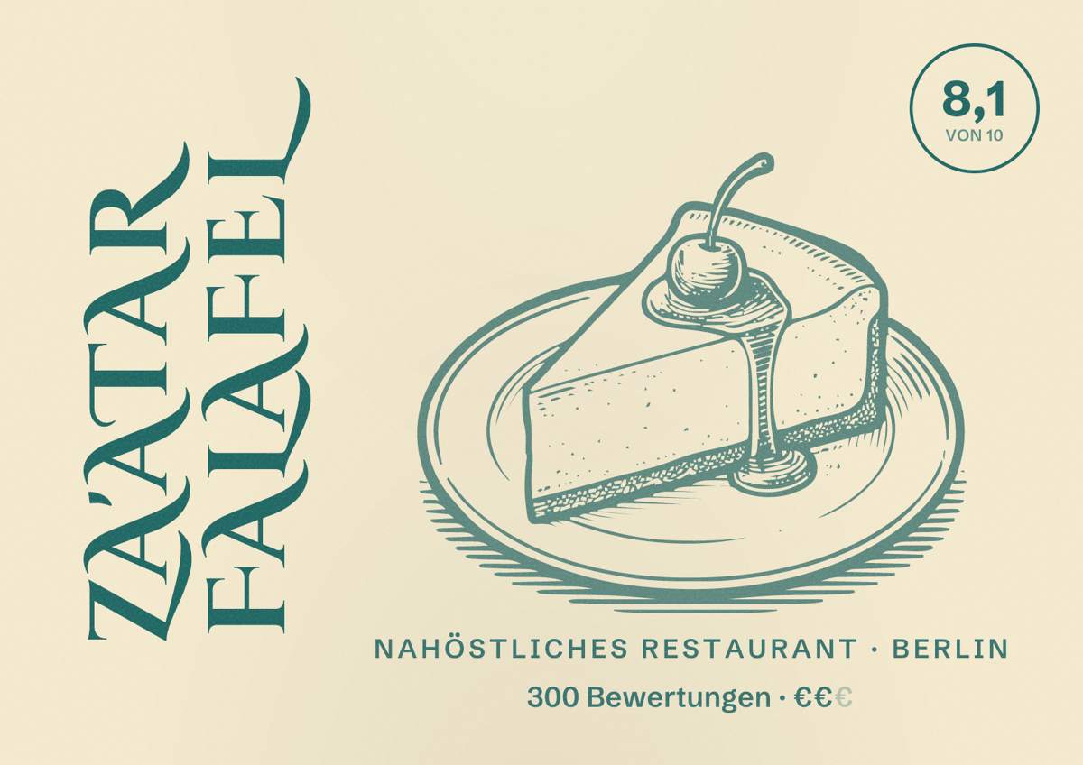 Illustriertes Poster von Za'atar Falafel, Nahöstliches Restaurant in Berlin: Bewertung 8,1 von 10 aus 300 Bewertungen, Preisniveau €€