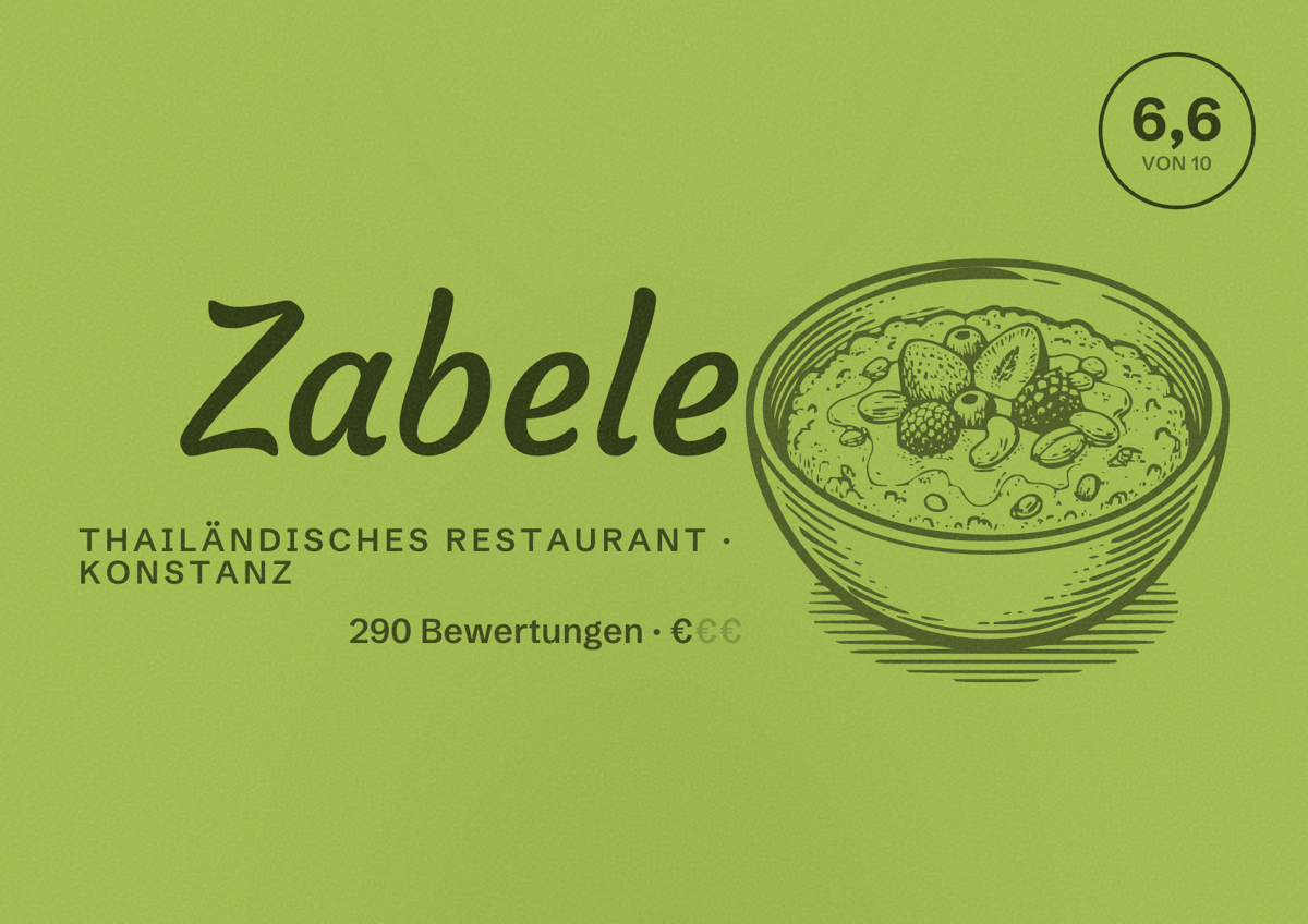Illustriertes Poster von Zabele, Thailändisches Restaurant in Konstanz: Bewertung 6,6 von 10 aus 290 Bewertungen, Preisniveau €