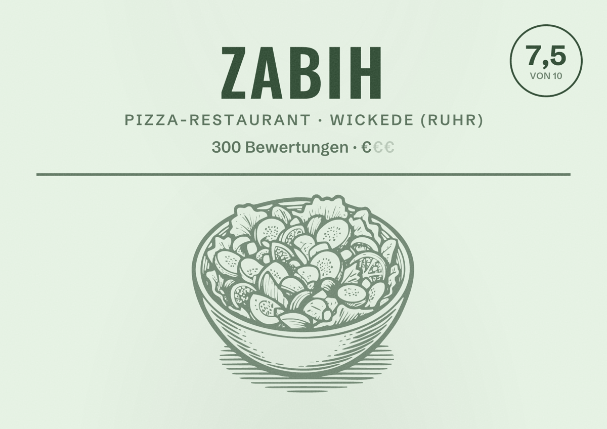 Illustriertes Poster von Zabih, Pizza-Restaurant in Wickede (Ruhr): Bewertung 7,5 von 10 aus 300 Bewertungen, Preisniveau €
