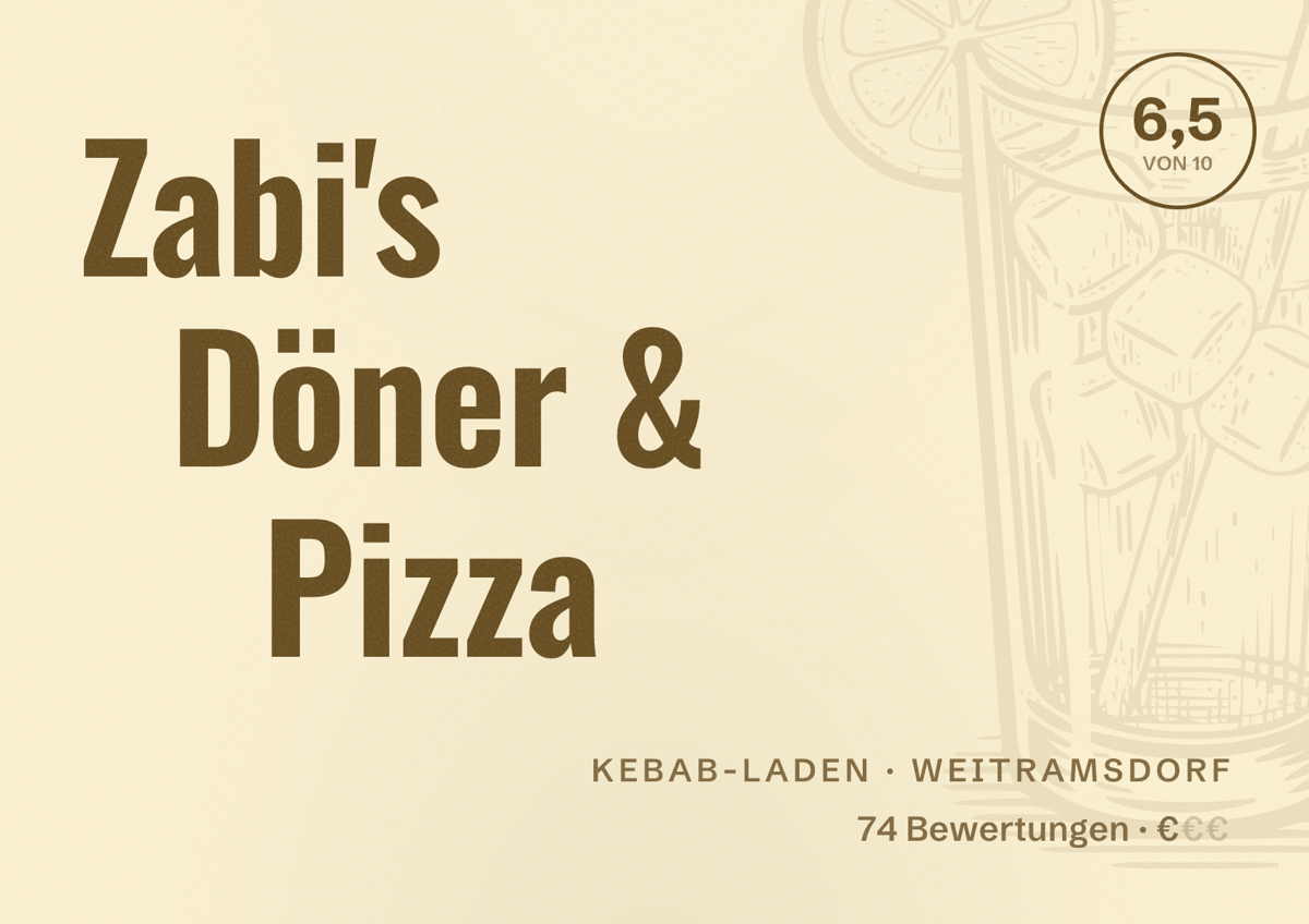Illustriertes Poster von Zabi's Döner & Pizza, Kebab-Laden in Weitramsdorf: Bewertung 6,5 von 10 aus 74 Bewertungen, Preisniveau €