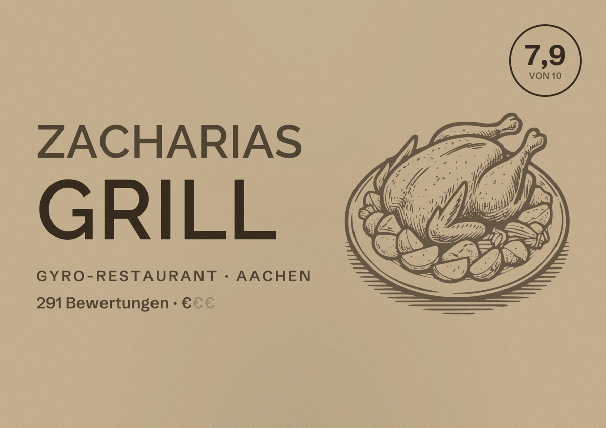 Illustriertes Poster von Zacharias Grill, Gyro-Restaurant in Aachen: Bewertung 7,9 von 10 aus 291 Bewertungen, Preisniveau €