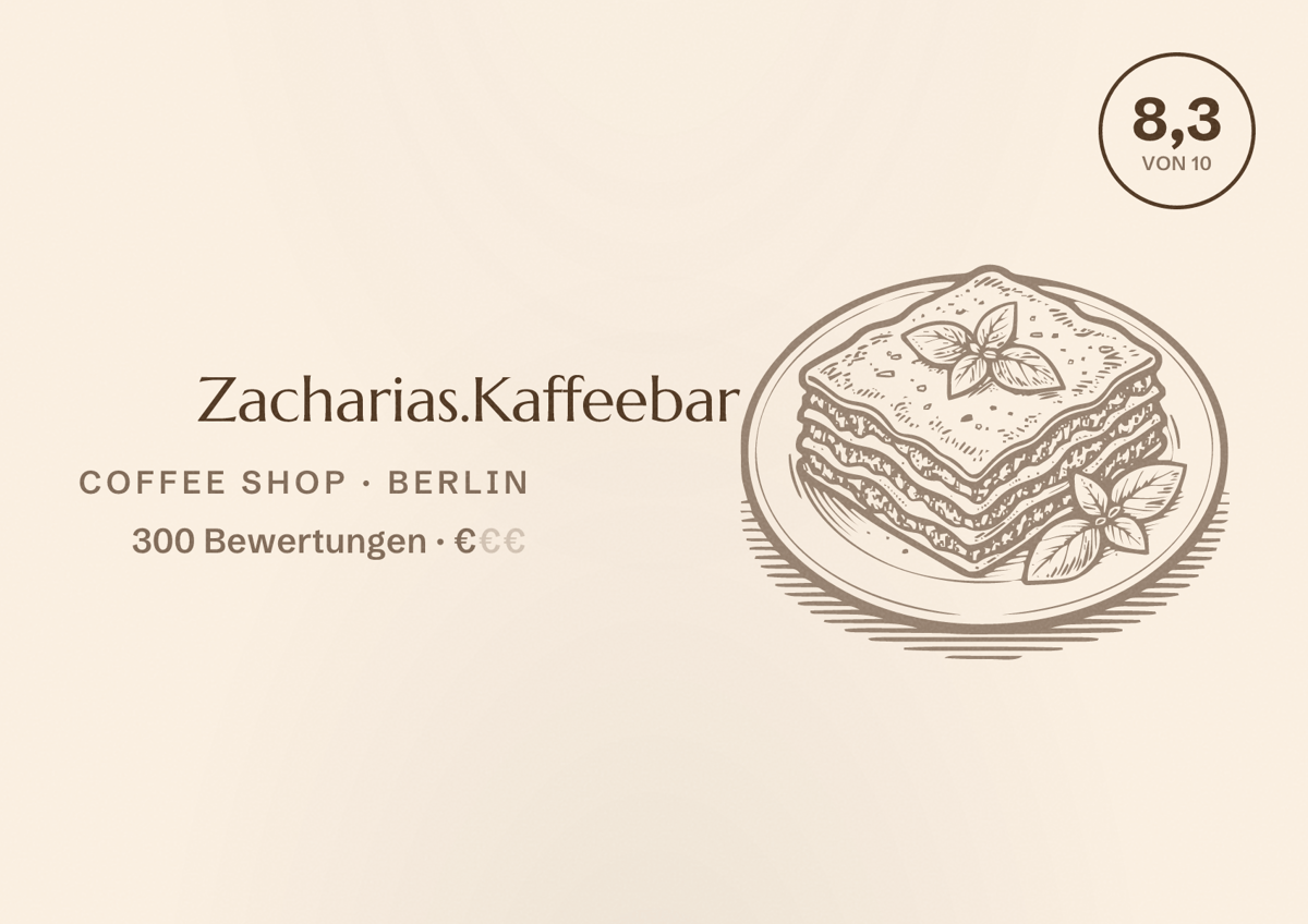 Illustriertes Poster von Zacharias.Kaffeebar, Coffee Shop in Berlin: Bewertung 8,3 von 10 aus 300 Bewertungen, Preisniveau €