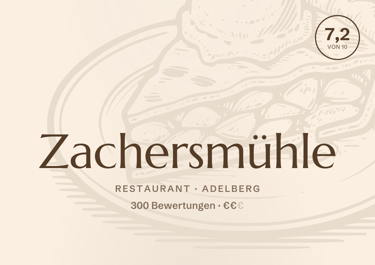 Illustriertes Poster von Zachersmühle, Restaurant in Adelberg: Bewertung 7,2 von 10 aus 300 Bewertungen, Preisniveau €€