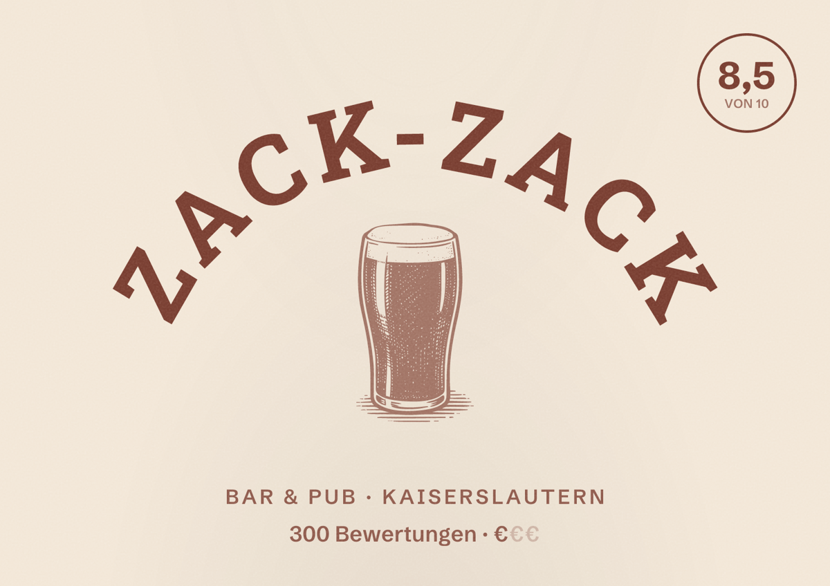 Illustriertes Poster von Zack-Zack, Bar & Pub in Kaiserslautern: Bewertung 8,5 von 10 aus 300 Bewertungen, Preisniveau €
