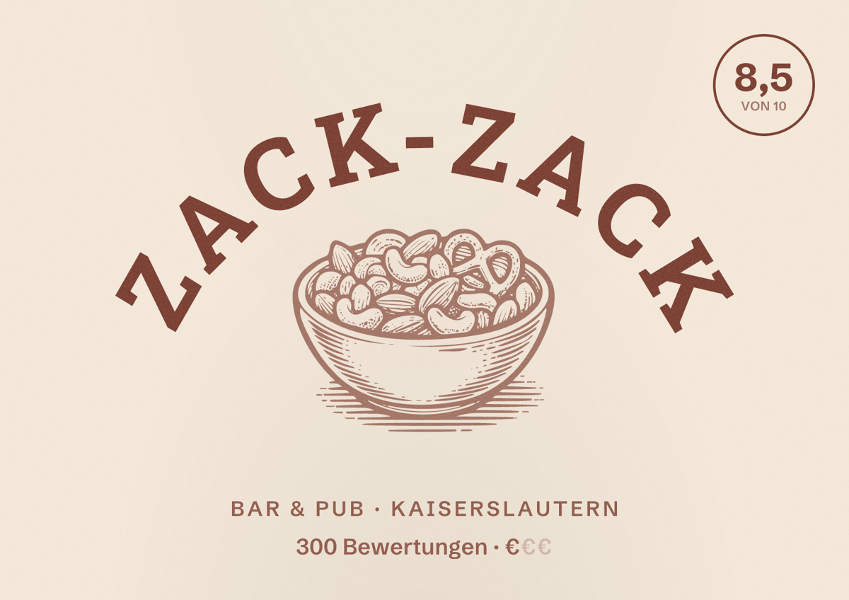 Illustriertes Poster von Zack-Zack, Bar & Pub in Kaiserslautern: Bewertung 8,5 von 10 aus 300 Bewertungen, Preisniveau €