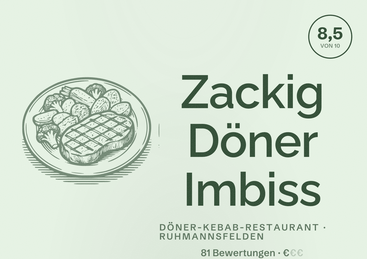 Illustriertes Poster von Zackig Döner Imbiss, Döner-Kebab-Restaurant in Ruhmannsfelden: Bewertung 8,5 von 10 aus 81 Bewertungen, Preisniveau €