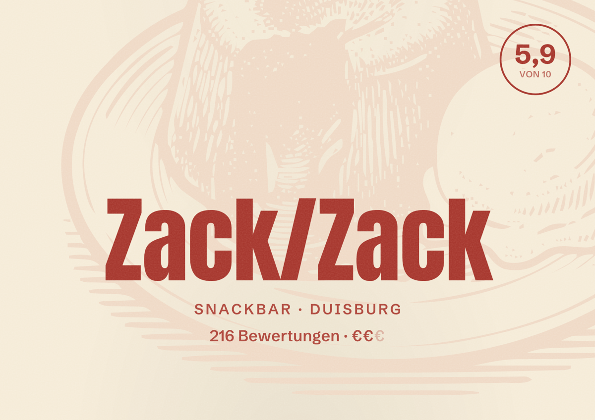 Illustriertes Poster von Zack/Zack, Snackbar in Duisburg: Bewertung 5,9 von 10 aus 216 Bewertungen, Preisniveau €€