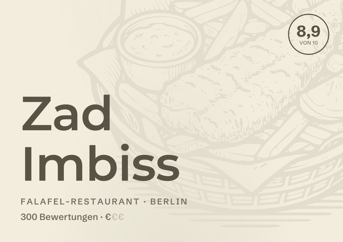 Illustriertes Poster von Zad Imbiss, Falafel-Restaurant in Berlin: Bewertung 8,9 von 10 aus 300 Bewertungen, Preisniveau €