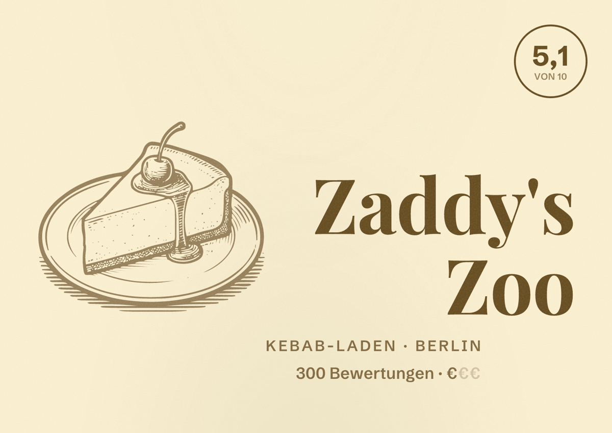 Illustriertes Poster von Zaddy's Zoo, Kebab-Laden in Berlin: Bewertung 5,1 von 10 aus 300 Bewertungen, Preisniveau €