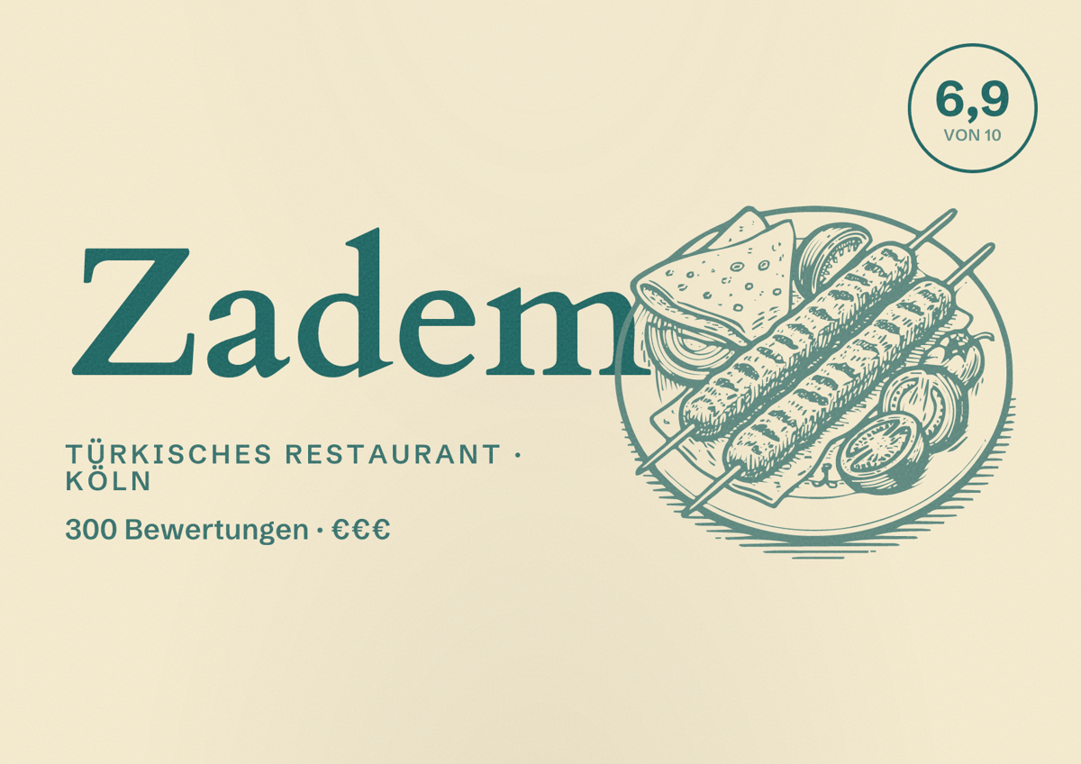 Illustriertes Poster von Zadem, Türkisches Restaurant in Köln: Bewertung 6,9 von 10 aus 300 Bewertungen, Preisniveau €€€