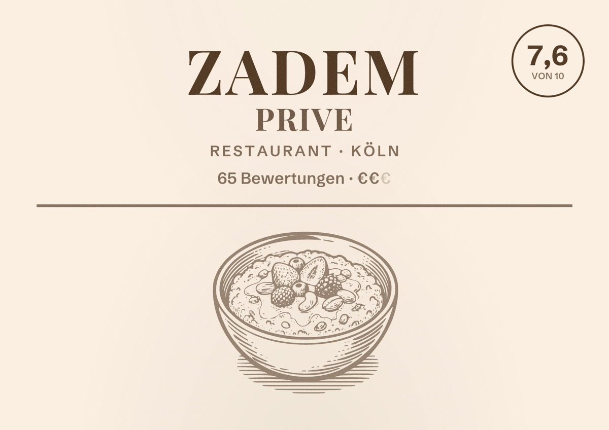 Illustriertes Poster von Zadem Prive, Restaurant in Köln: Bewertung 7,6 von 10 aus 65 Bewertungen, Preisniveau €€