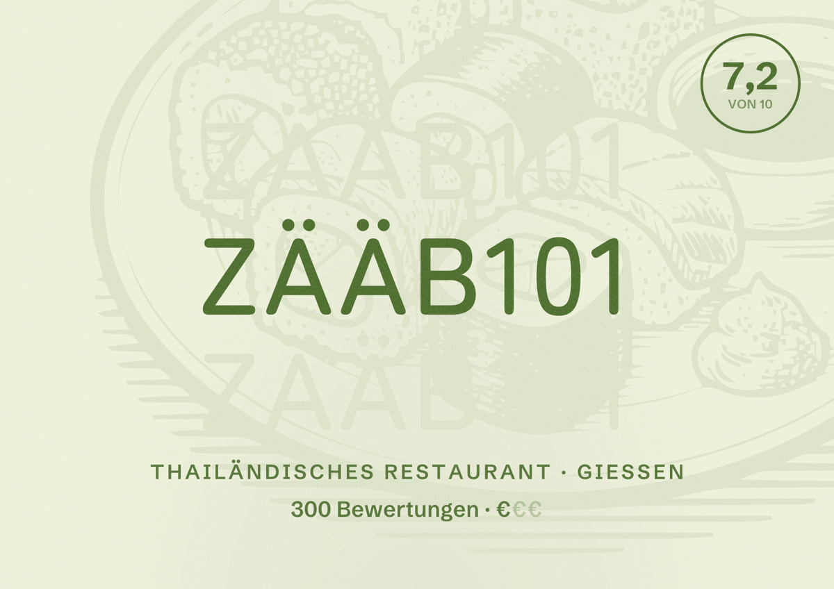 Illustriertes Poster von Zääb101, Thailändisches Restaurant in Gießen: Bewertung 7,2 von 10 aus 300 Bewertungen, Preisniveau €