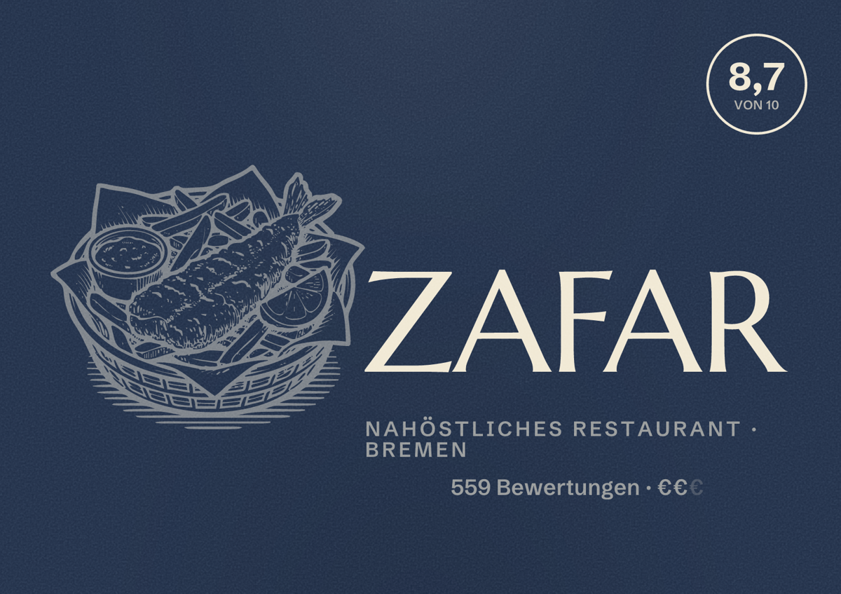 Illustriertes Poster von ZAFAR, Nahöstliches Restaurant in Bremen: Bewertung 8,7 von 10 aus 559 Bewertungen, Preisniveau €€