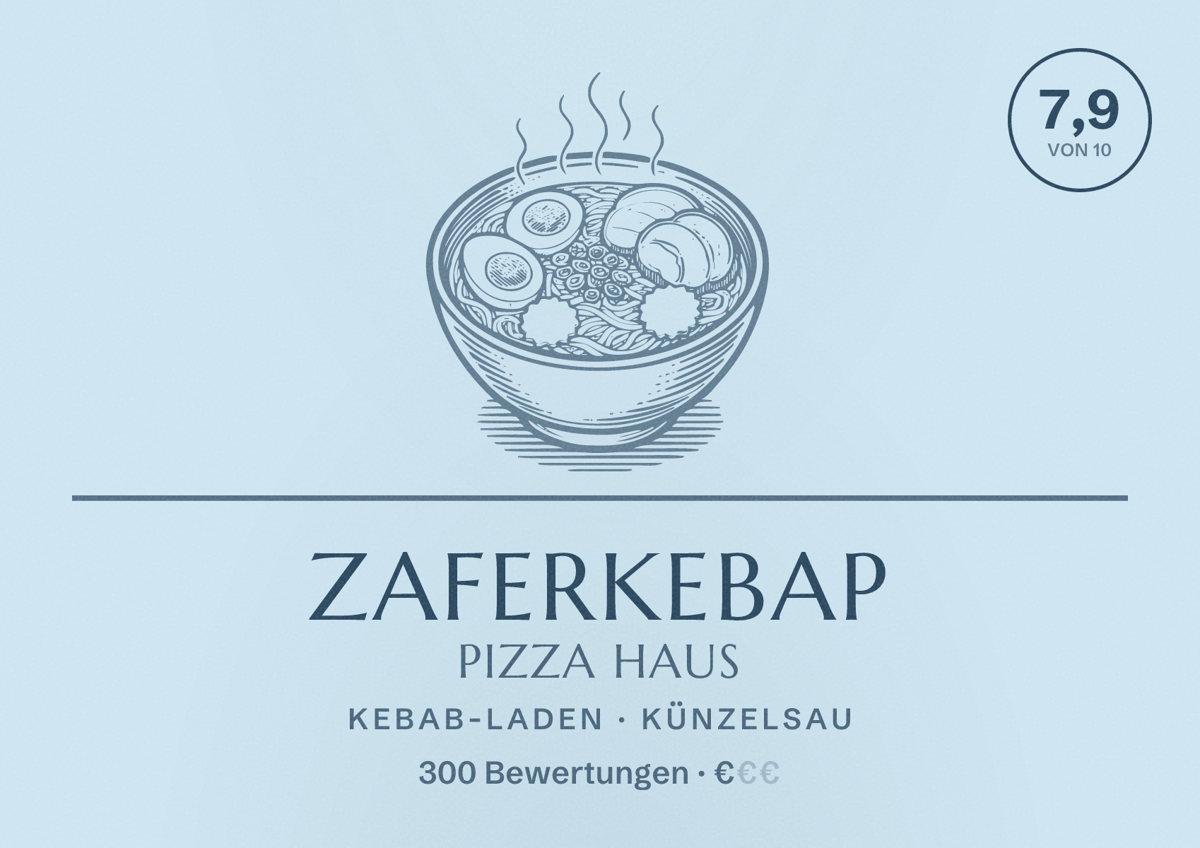 Illustriertes Poster von ZaferKebap Pizza Haus, Kebab-Laden in Künzelsau: Bewertung 7,9 von 10 aus 300 Bewertungen, Preisniveau €