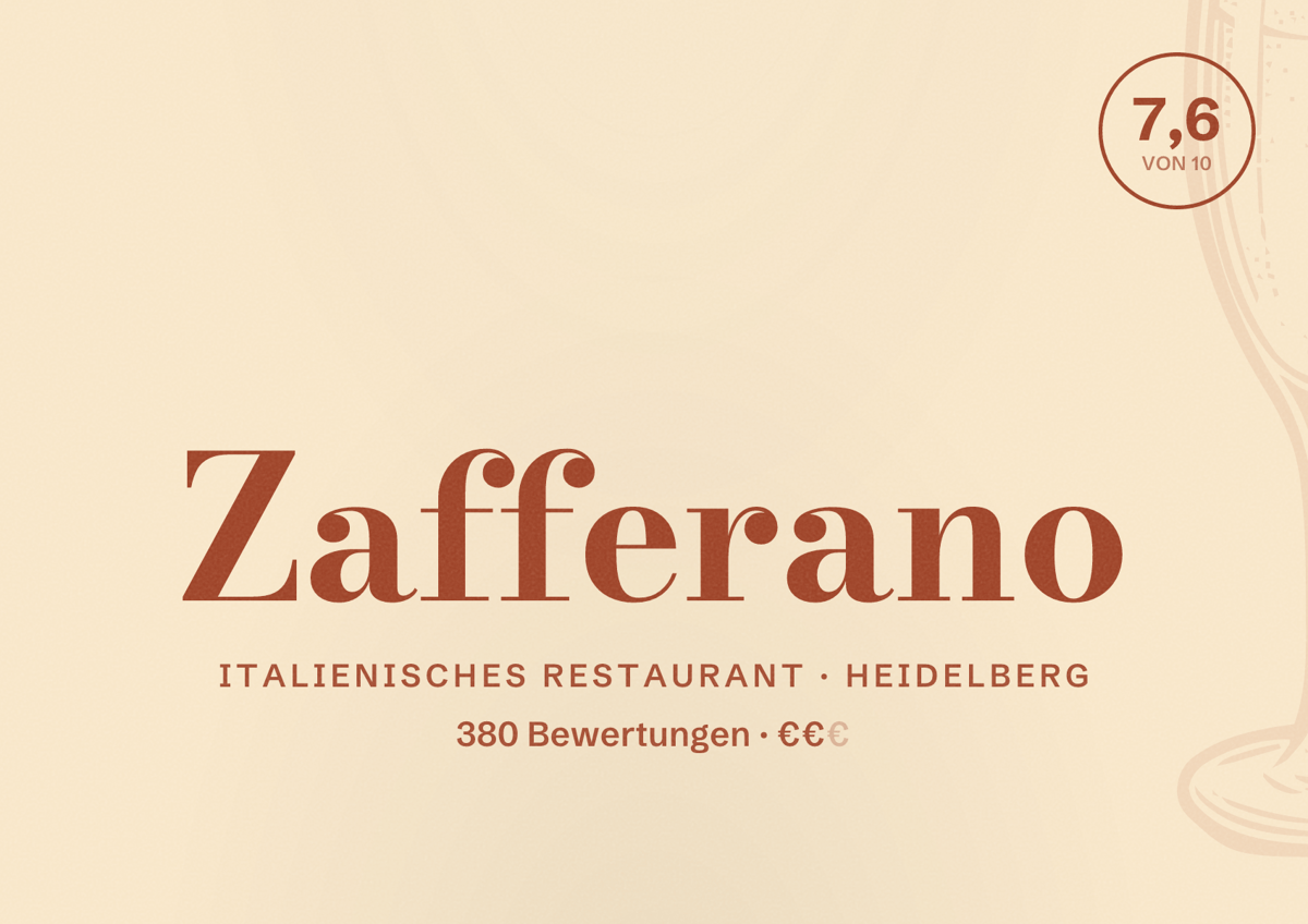 Illustriertes Poster von Zafferano, Italienisches Restaurant in Heidelberg: Bewertung 7,6 von 10 aus 380 Bewertungen, Preisniveau €€