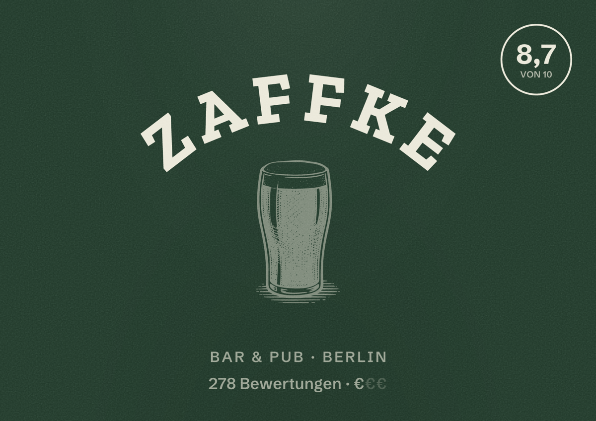 Illustriertes Poster von Zaffke, Bar & Pub in Berlin: Bewertung 8,7 von 10 aus 278 Bewertungen, Preisniveau €