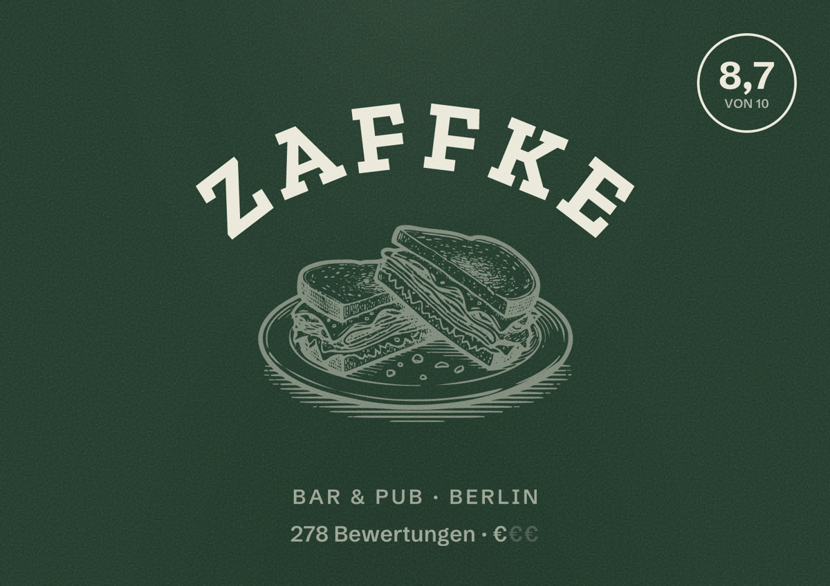 Illustriertes Poster von Zaffke, Bar & Pub in Berlin: Bewertung 8,7 von 10 aus 278 Bewertungen, Preisniveau €