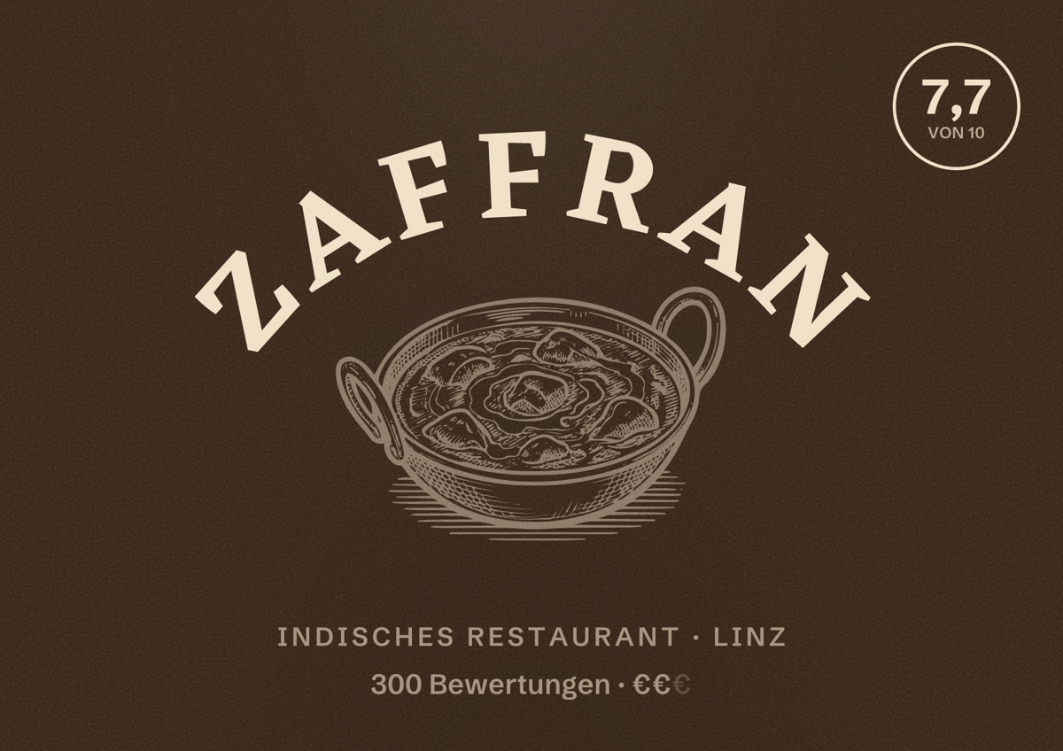 Illustriertes Poster von Zaffran, Indisches Restaurant in Linz: Bewertung 7,7 von 10 aus 300 Bewertungen, Preisniveau €€