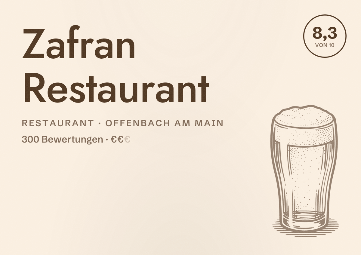 Illustriertes Poster von Zafran Restaurant, Restaurant in Offenbach am Main: Bewertung 8,3 von 10 aus 300 Bewertungen, Preisniveau €€